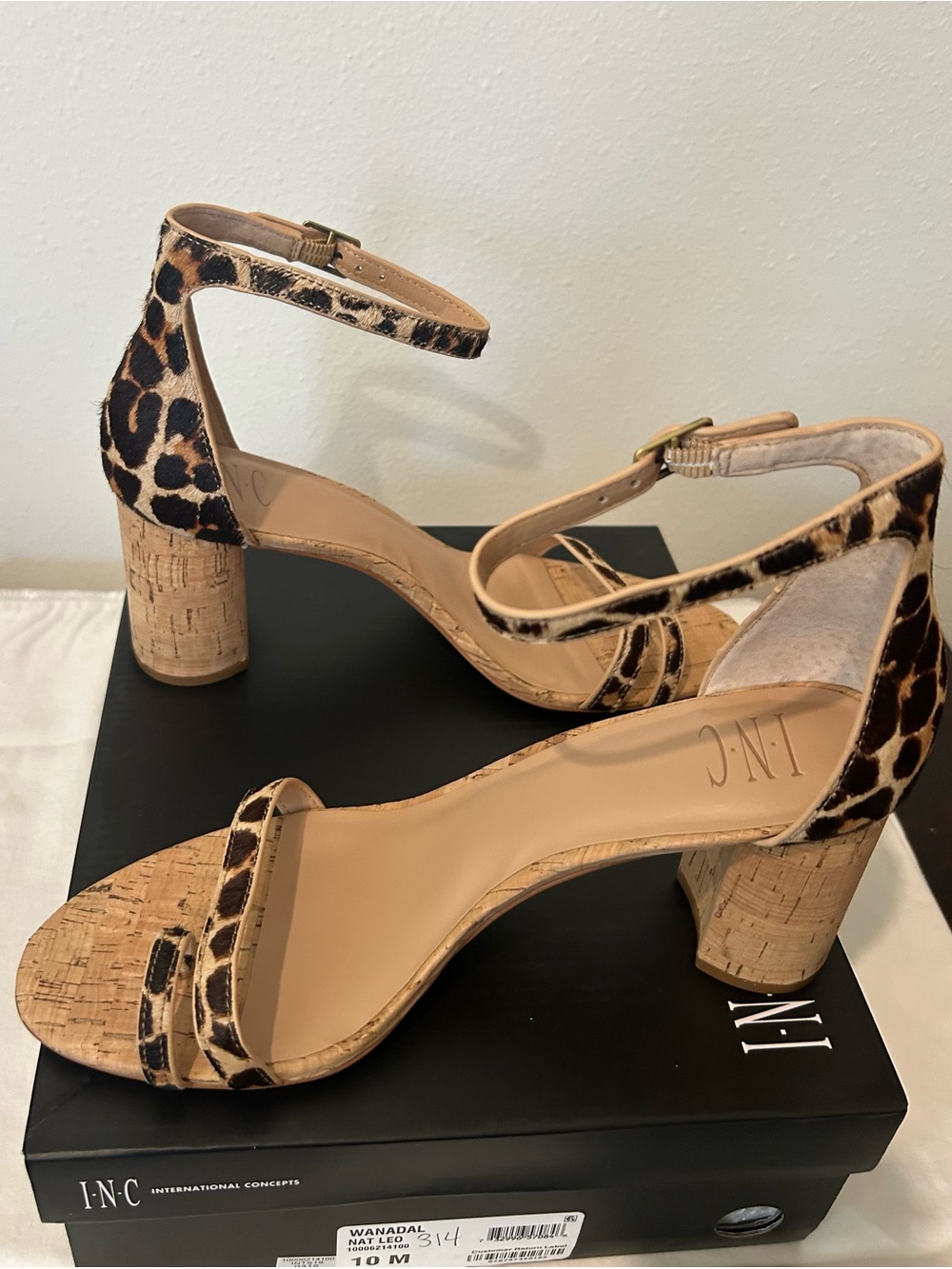 INC International Concepts Leopard Print Cork Block Heel Sandals - Brown/Tan